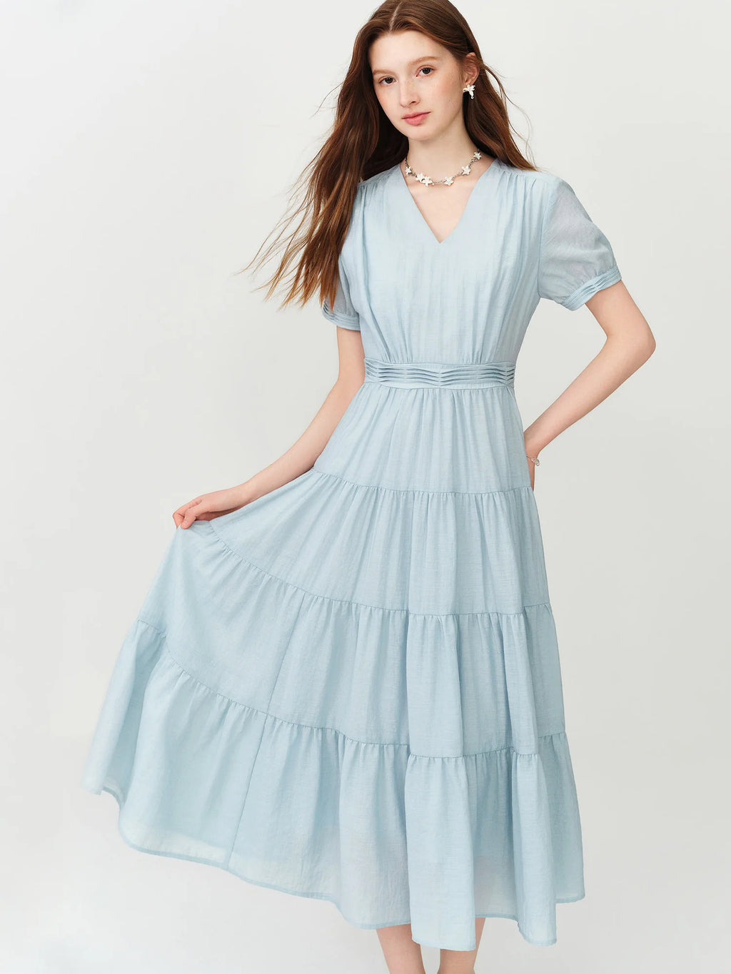 FSLE V-neck Puff Sleeve Pleated Waist Dresses Women New Summer 2026 High-waisted Cut Short Sleeve Mid-calf Length Fairy Dress