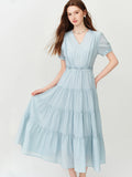 FSLE V-neck Puff Sleeve Pleated Waist Dresses Women New Summer 2026 High-waisted Cut Short Sleeve Mid-calf Length Fairy Dress