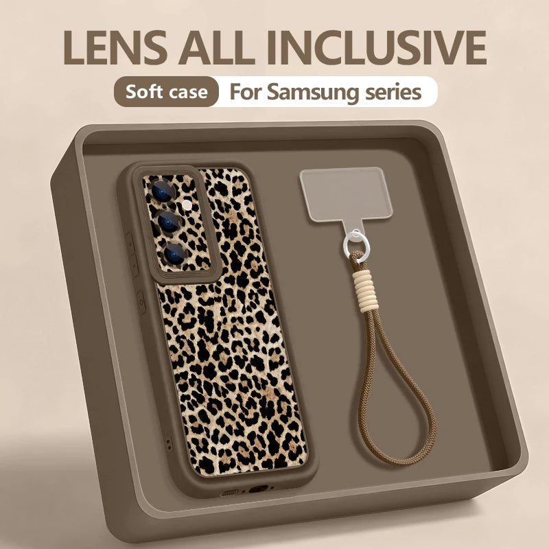 Leopard Print Wrist Lanyard Phone Case For Samsung Galaxy S26 S24 S25 Ultra S23 S25 FE A57 A17 A56 A16 A37 A55 A15 A25 TPU Cover