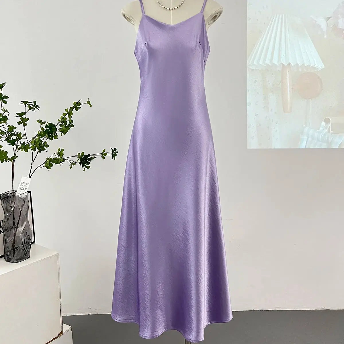 Elegant Women Spaghetti Strap Satin Dresses Summer V-Neck Solid Color Thin Sleeveless Long Dress Women A-Line Dress