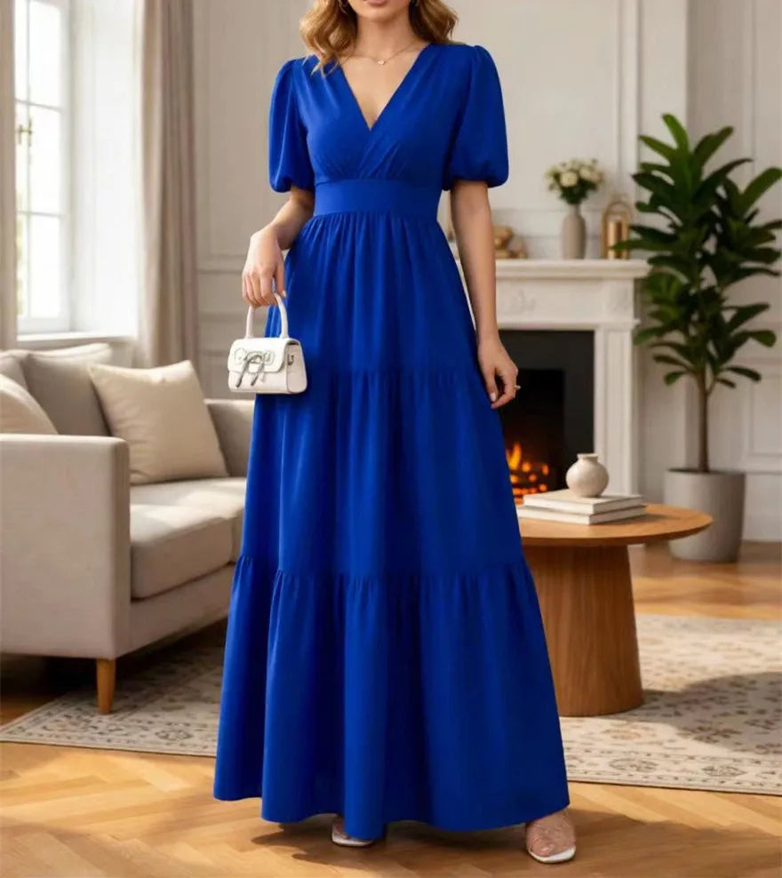 New Spring/Summer Fashion Casual Short Sleeve V-neck Solid Color Slim Fit Ankle Length Patchwork Fit And Flare Dress,2 Colors