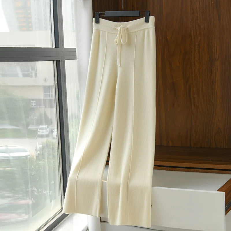 Women's Solid Color Wool Knitted Wide Leg Pants Autumn Winter Basic Soft Warm Cashmere Knit Trousers Casual Simple Style Korean