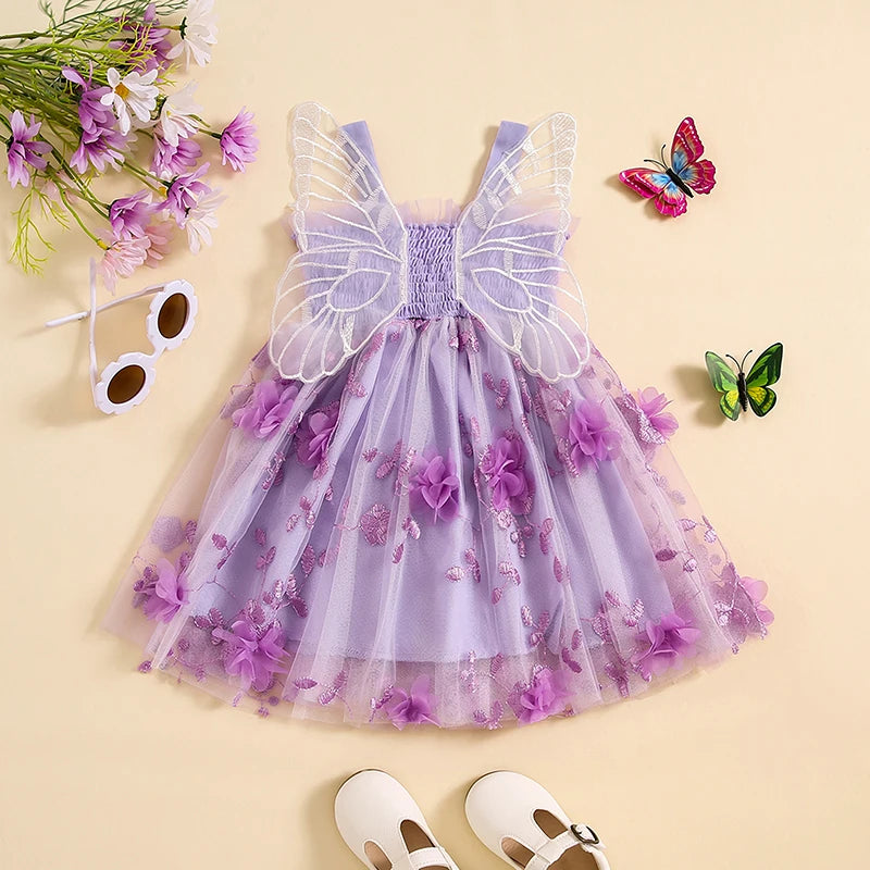 Toddler Baby Girls Birthday Party Sleeveless Dress Summer 3D Flowers Cute Tulle Princess A-Line Dress with Butterfly Wing