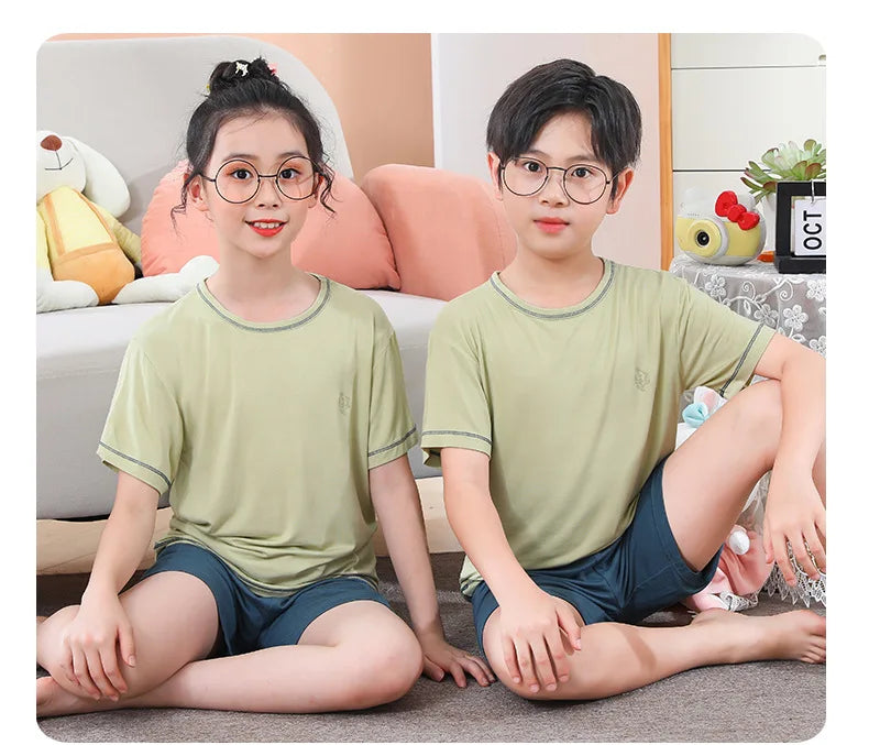 Teenage Boy Pajamas Summer Girl Short Sleeve Children's Clothing Sleepwear Silk Cotton Pyjamas Sets For Kids 4 8 9 12 13 14Years