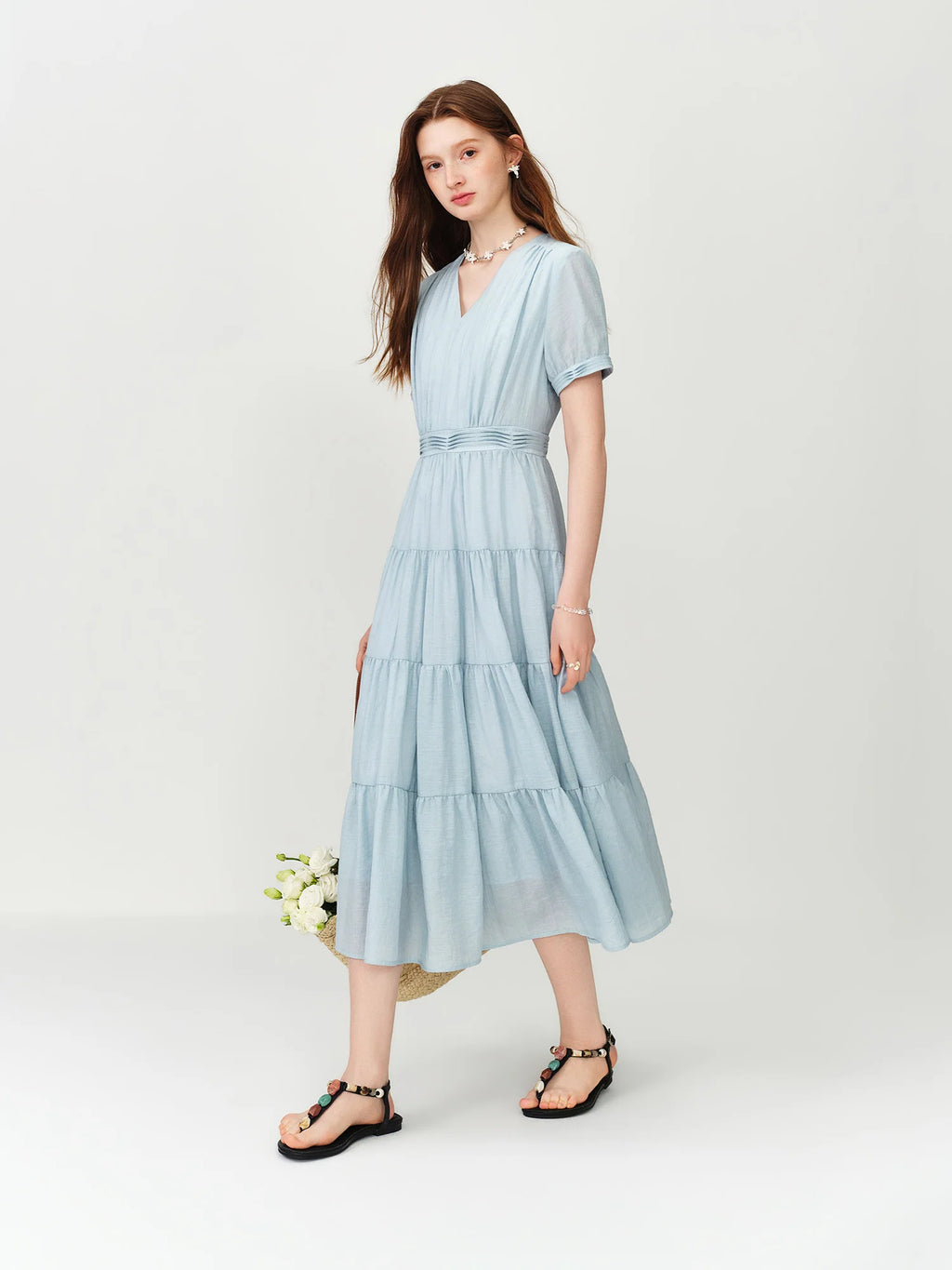 FSLE V-neck Puff Sleeve Pleated Waist Dresses Women New Summer 2026 High-waisted Cut Short Sleeve Mid-calf Length Fairy Dress