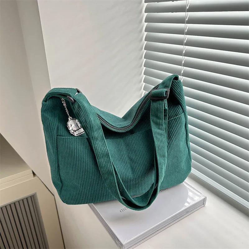 Women’s Corduroy Shoulder Bag, Casual Striped Large Capacity Tote with Zipper Closure, Cute Hat Patch, Perfect for Everyday Use