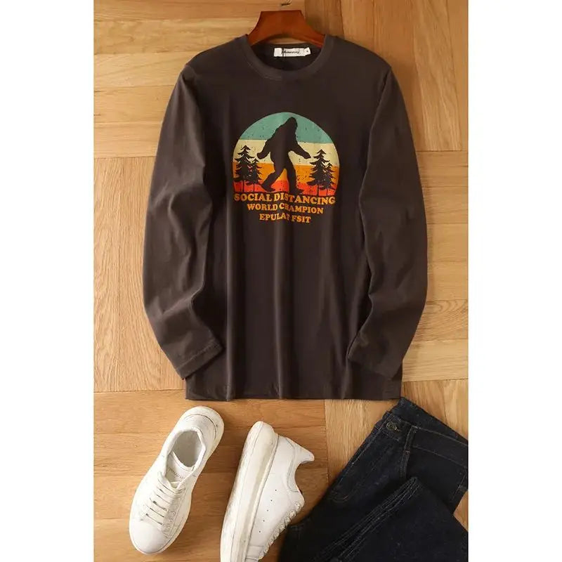 Men's Premium Pure Cotton Long Sleeve T Shirt With Washed Brushed Finish Retro American Print For Men