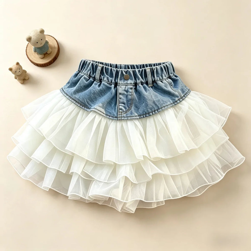 Girls' Summer Denim Short Skirt Patchwork Mesh Cake Style Children's Kids' New Fashion Skirt