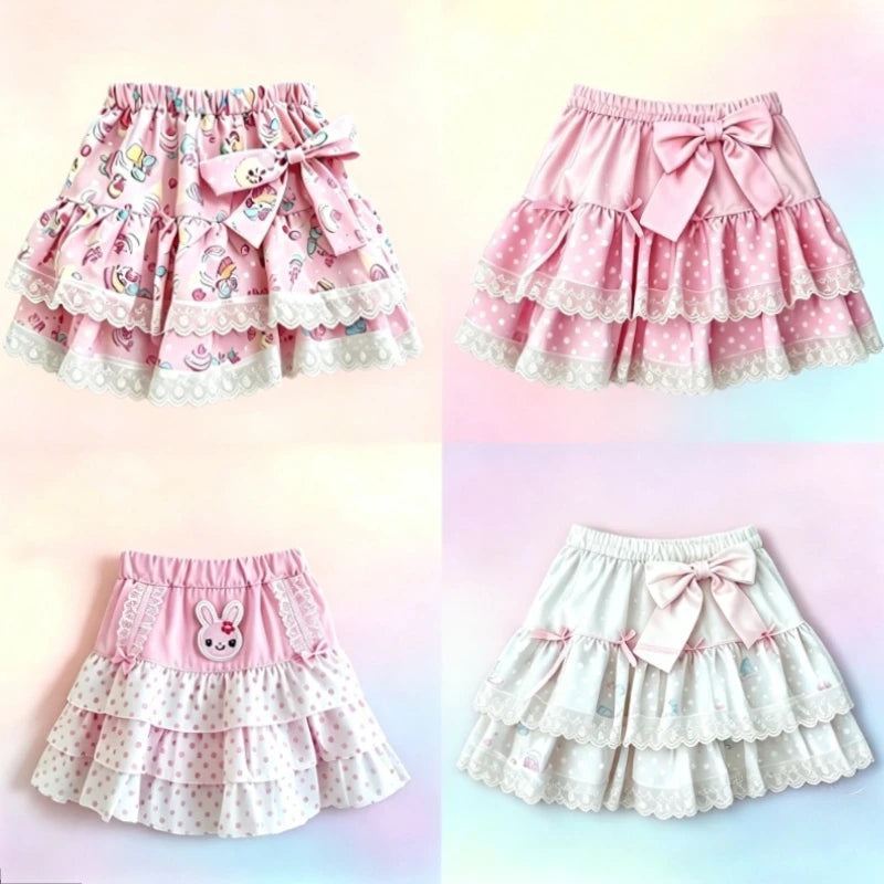 Summer Kawaii Cake Pattern Short Skirt Japanese Sweet Lolita Lace Splice Pleated Skirt Y2k High Waist A Line Mini Street Skirt