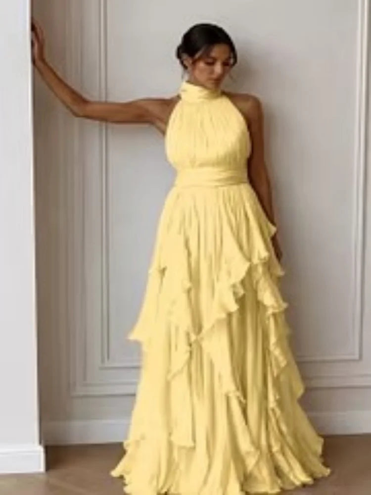 Women Mock Neck Sleeveless Tiered Ruffle Maxi Dress Draped Flowy Long Gown Formal Wedding Guest Evening Party Dresses
