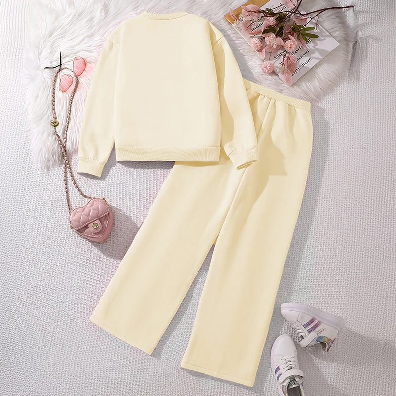 Children‘s Autumn Winter Warm Clothes Sets For Girls Solid Color Heart Print Top And Pants Daily Causal Sports Loose Lounge Wear