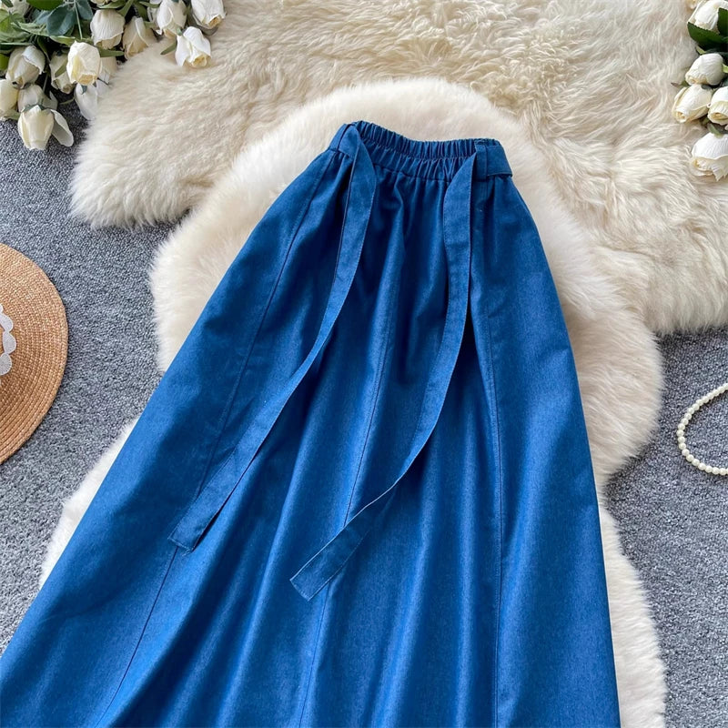 KAROFI Women Bow Tie Elastic Waist Denim Long Skirt Korean A Line Flowy Midi Jeans Skirt Casual Loose Vintage Blue Maxi Skirts