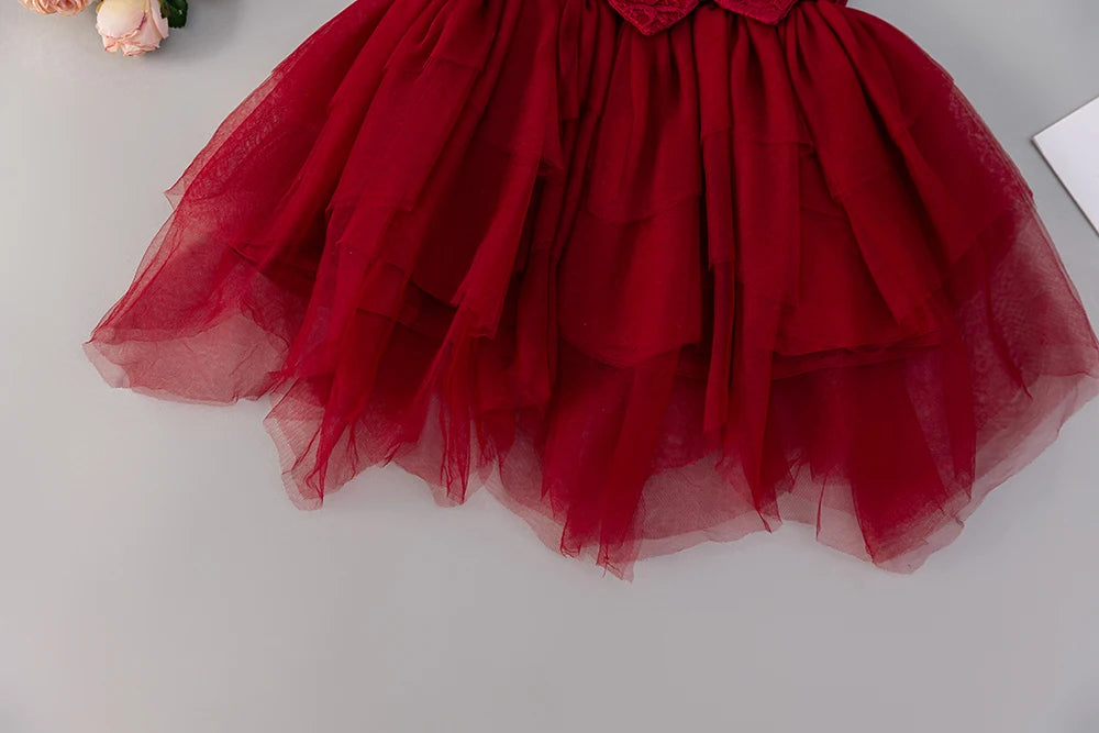 HETISO Red Lace Baby Dresses Christening Gown for Kids Princess Bowknot Toddler Girl Clothes Newborn Things 0-2Y