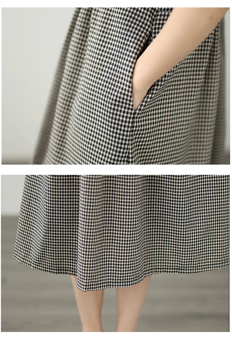 Retro Fashion Casual Plaid Dress Women Summer New V-neck Lace Splicing Loose Slimming Skirt over Knee Cotton Polyester Blend