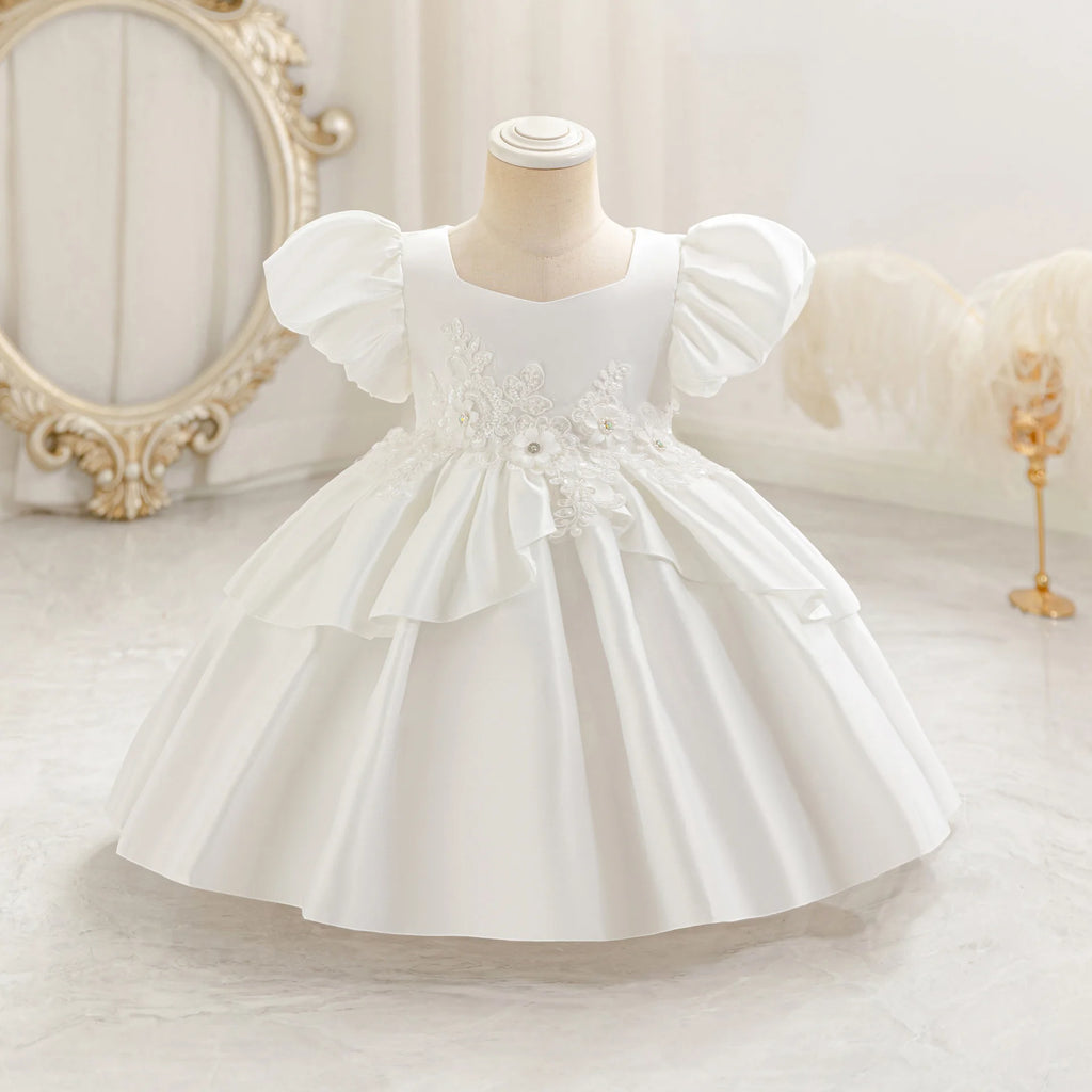HETISO Baby Girls Appliques Flower Solid Satin Princess Fashion Dresses Ball Gown for Party Birthday New Year 6M-4 Years