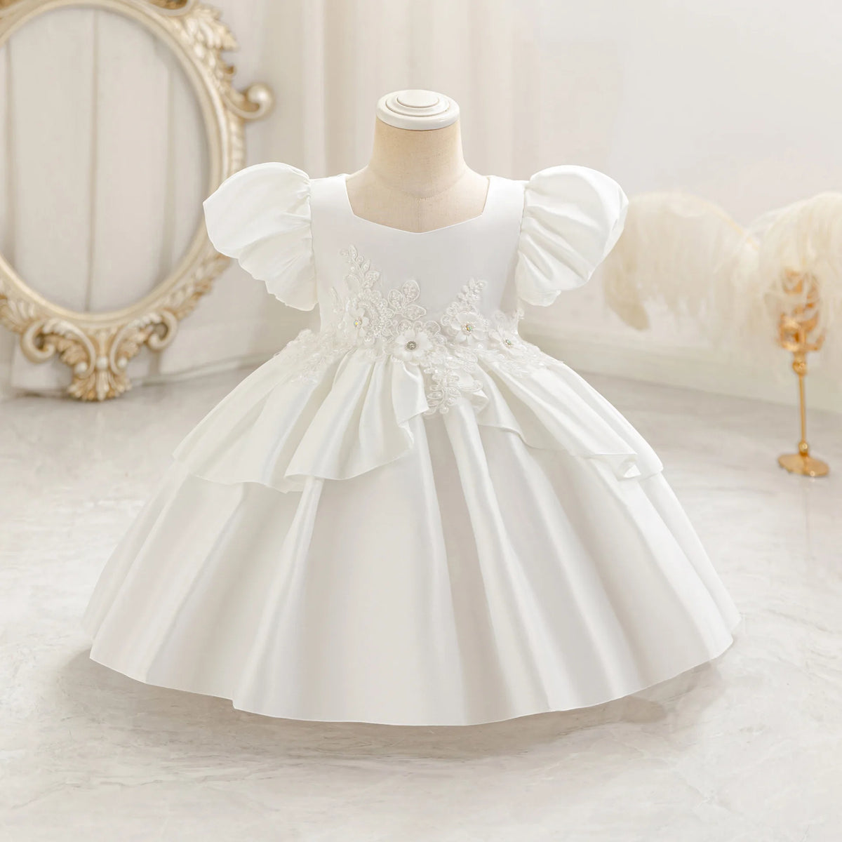 HETISO Baby Girls Appliques Flower Solid Satin Princess Fashion Dresses Ball Gown for Party Birthday New Year 6M-4 Years