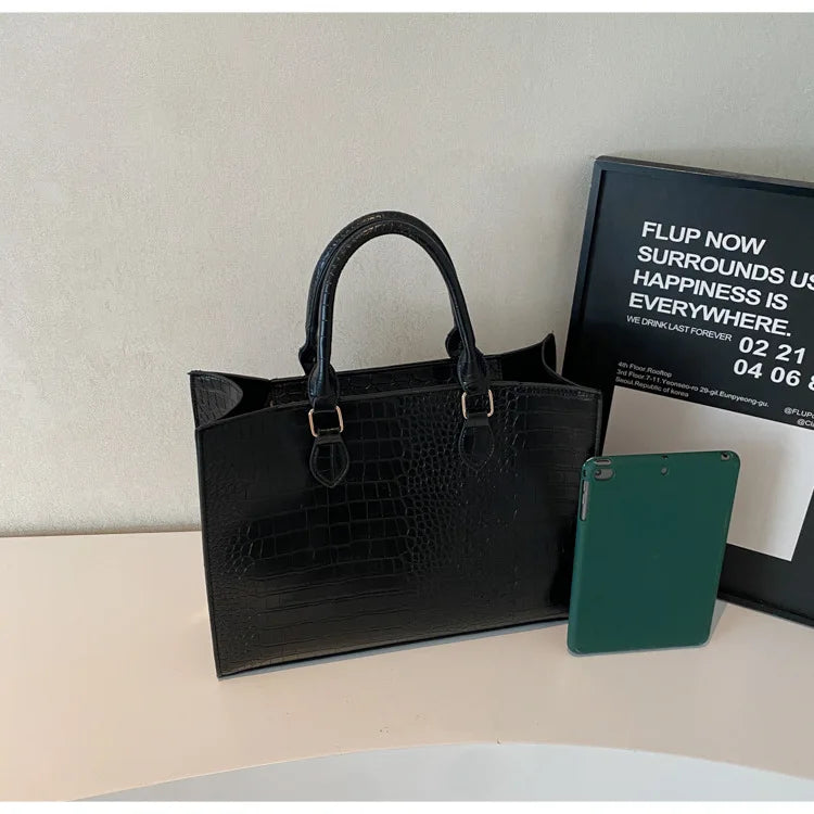 Spring 2025 Large Capacity Fashionable Handbag Casual Commuting Trendy Crocodile Pattern Tote Bag Street Style PU Material