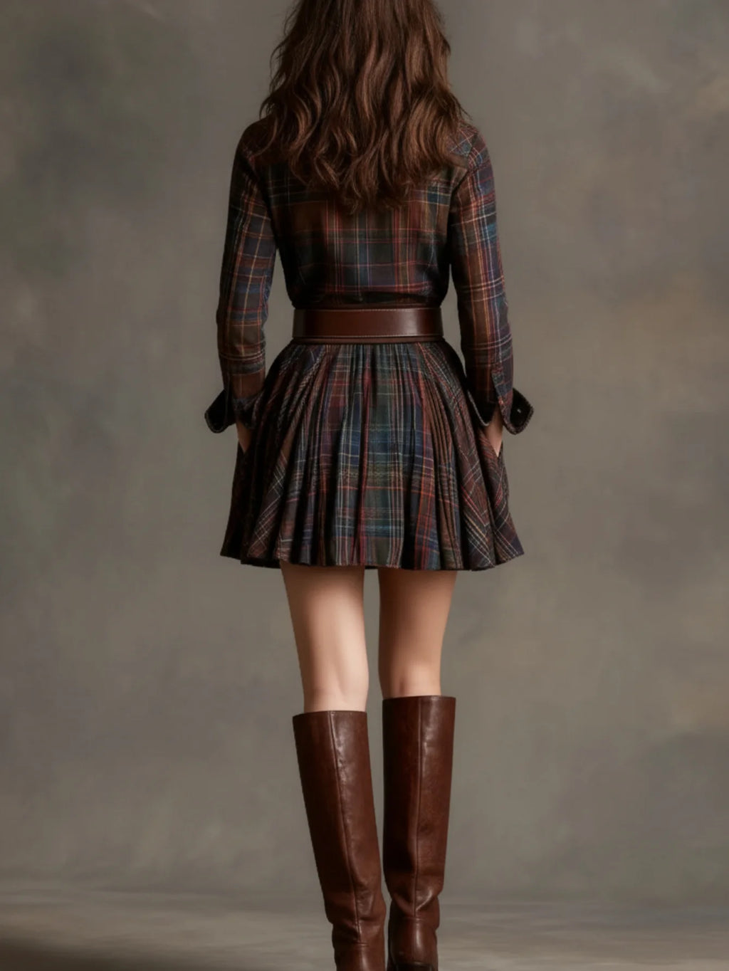 Women's Turn‑Down Collar Long Sleeve Mini Dress Plaid Print Button Front Pleated A‑Line Shirt Dress Fashion Casual Ladies Daily Outfit