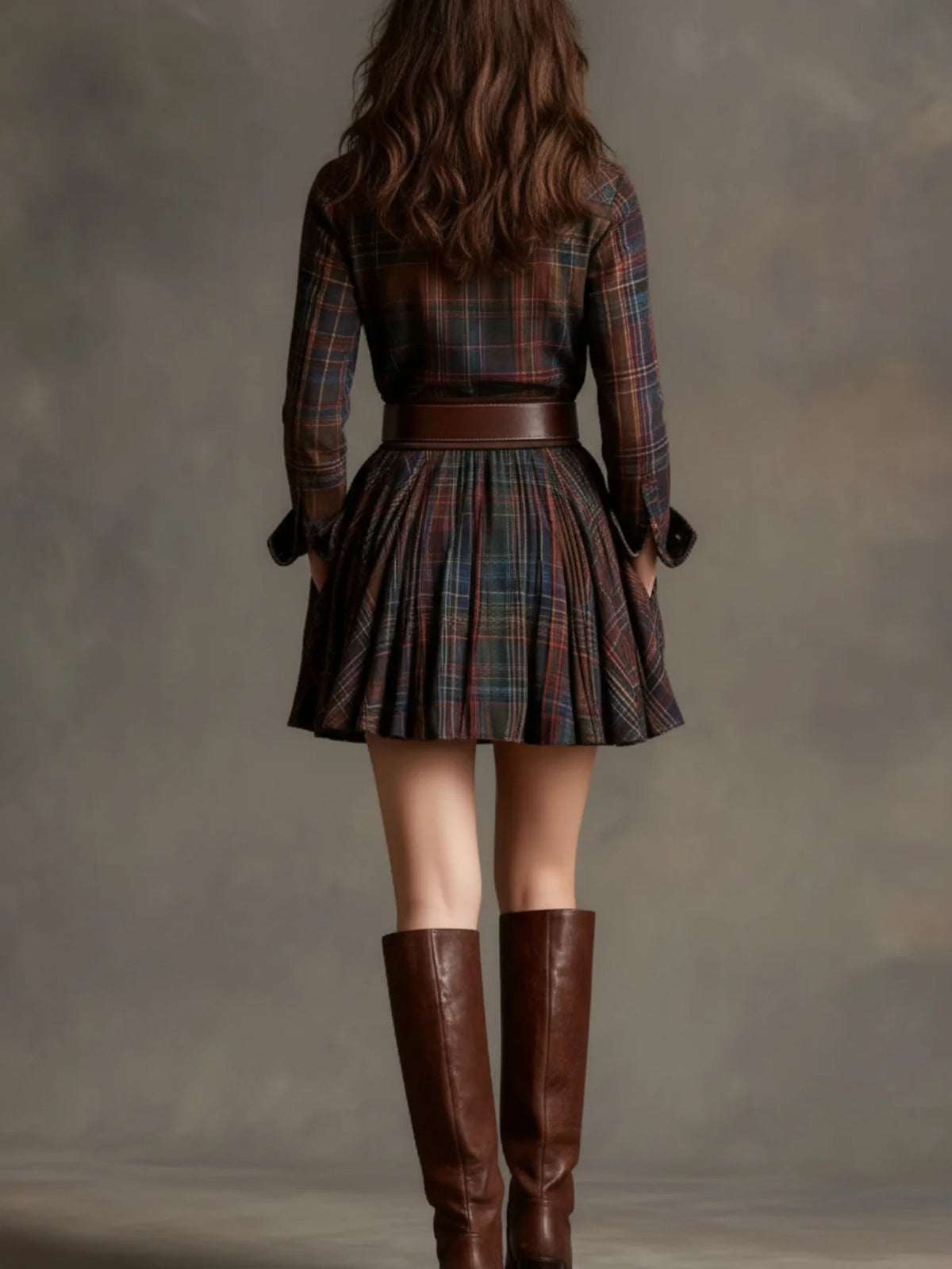Women's Turn‑Down Collar Long Sleeve Mini Dress Plaid Print Button Front Pleated A‑Line Shirt Dress Fashion Casual Ladies Daily Outfit