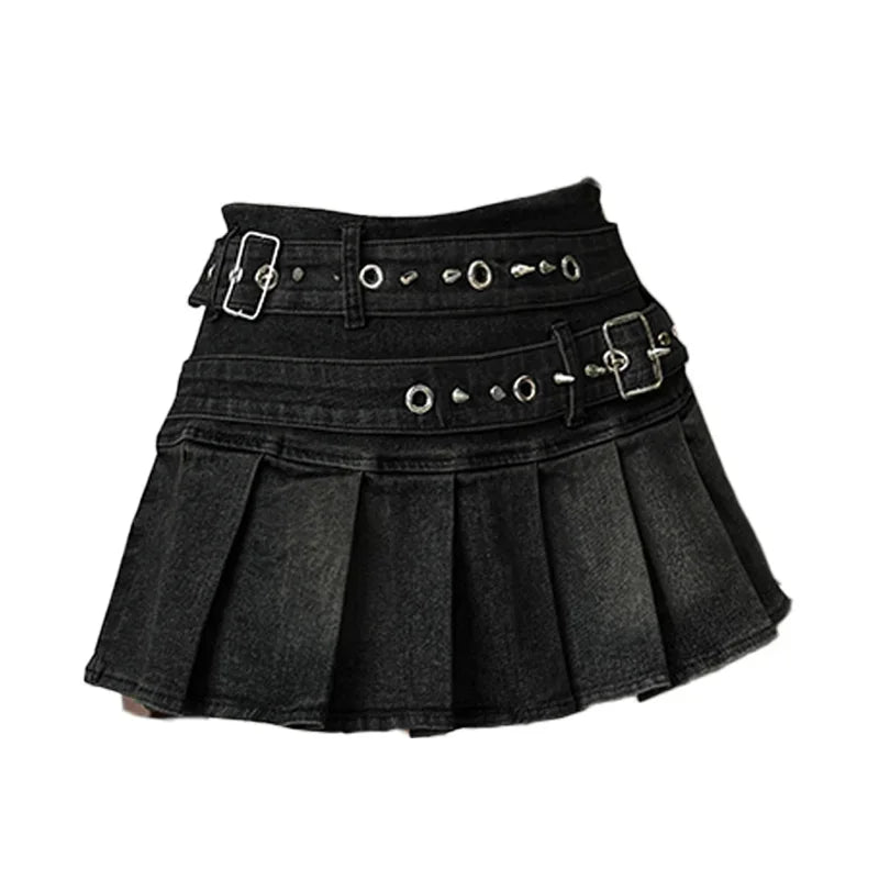 Women's Denim Skirt with Studded Belt Low Rise Pleated Mini Skirt Blue Black Jean Skirts Alt Girls Y2K Punk 90s
