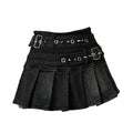 Women's Denim Skirt with Studded Belt Low Rise Pleated Mini Skirt Blue Black Jean Skirts Alt Girls Y2K Punk 90s