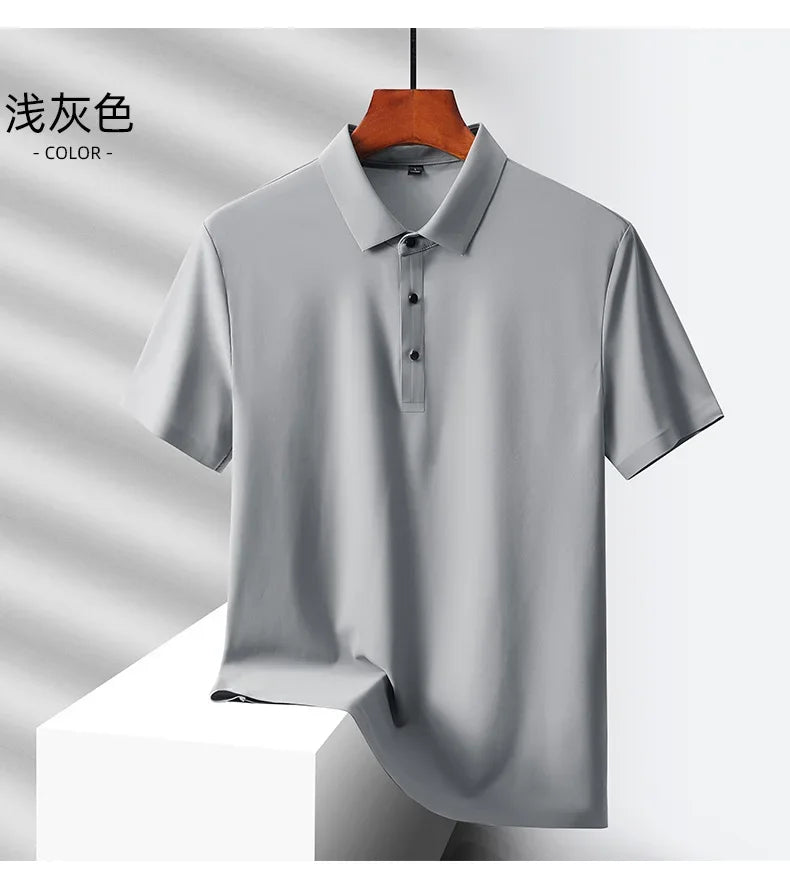 Summer Ice Silk Quick Drying Loose Polo Shirt Middle Aged Men's Solid Lapel Button Simple Versatile Casual Thin Short Sleeve Top