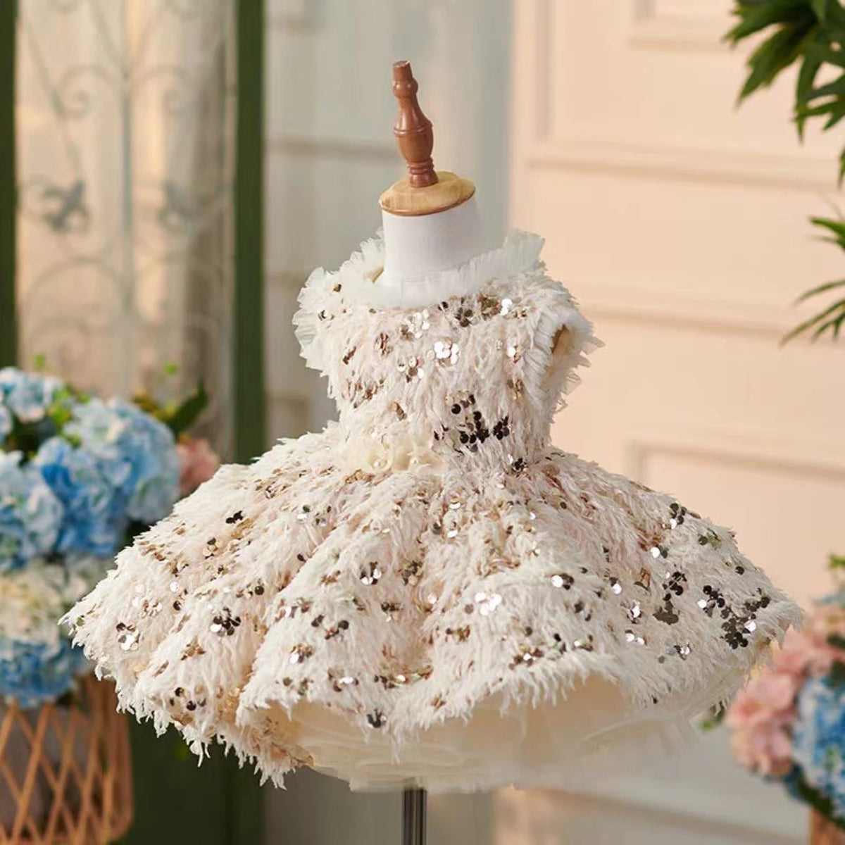 Dreamy Vow J739 Chic Pink Girl Dress Feather Sequined for Kids Wedding Birthday Party Holiday Princess Knee Length Ball Gown