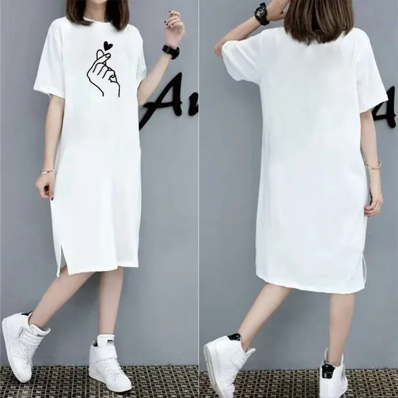 Spring and Summer Simple Temperament and Elegant Heart-print Large Size Loose Dress Casual Women Short-sleeved Going Out Dresses