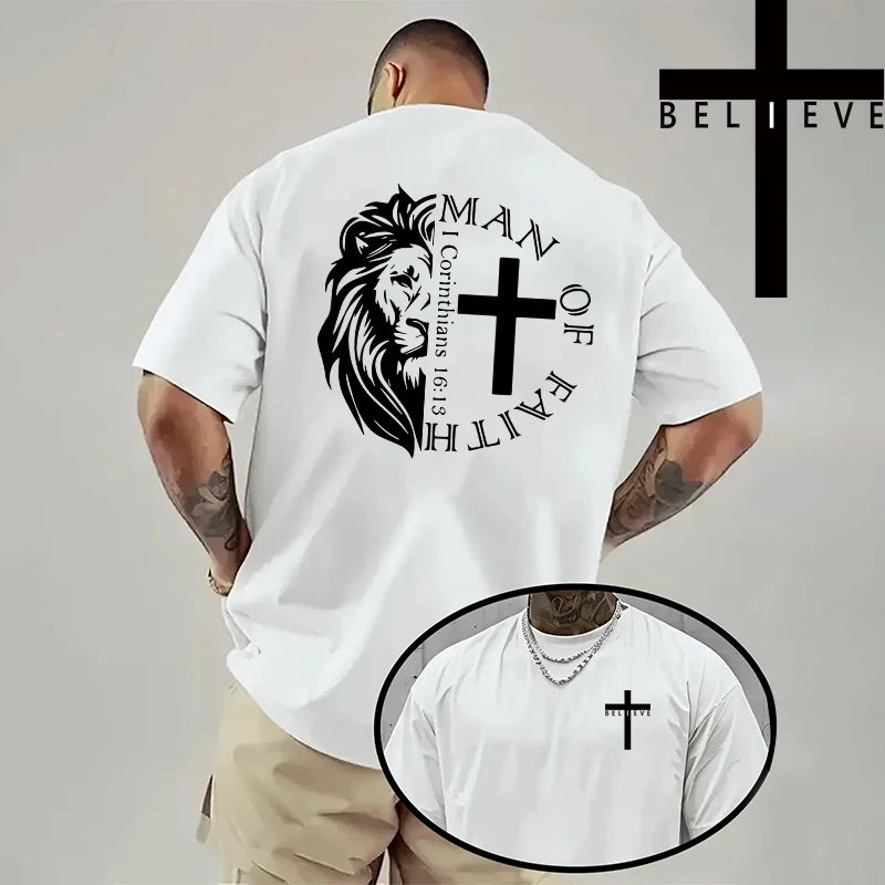 Spring Summer Daily Casual Fashion Jesus Cross Cotton Tees Christ Print T-shirt Men High Quality Pure Color Short Sleeve Top