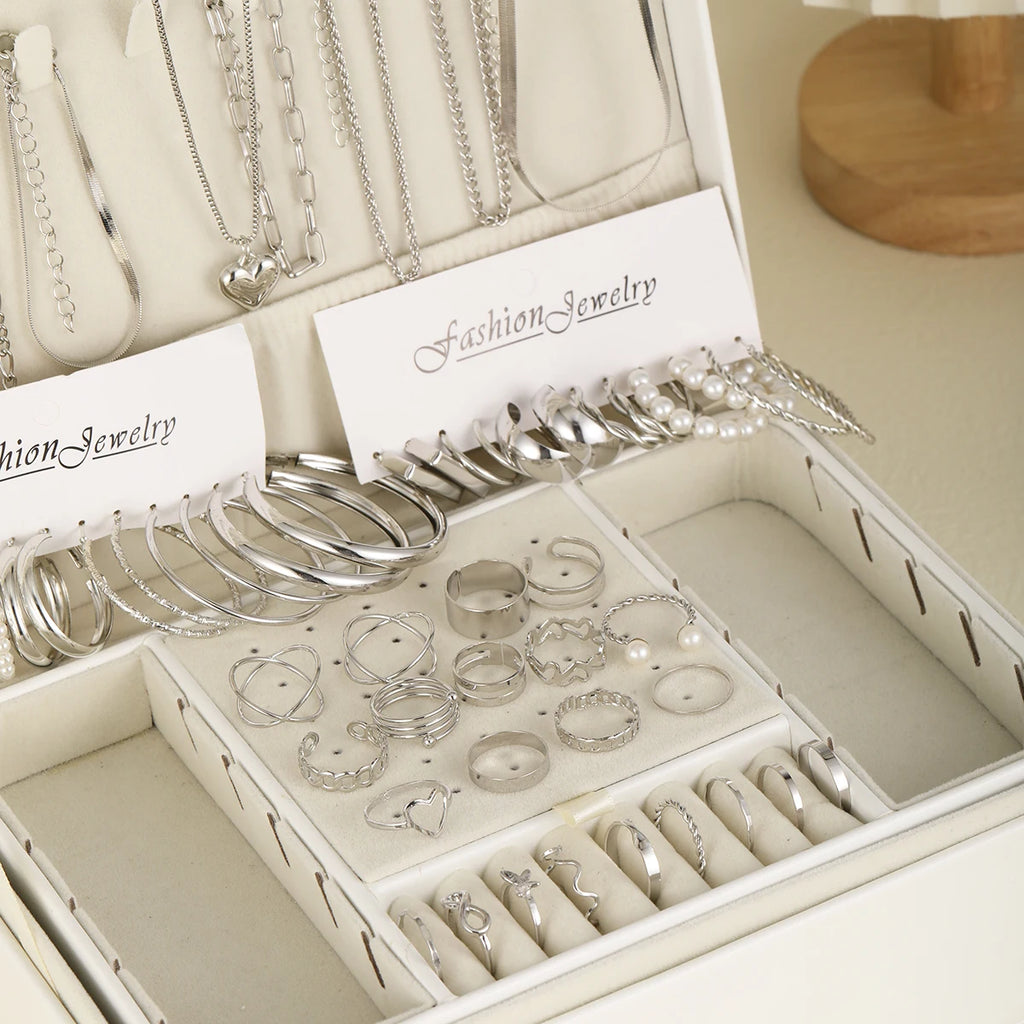 54 Pcs/Set Vintage Elegant Pearl Earrings Ring Heart Pendant Necklace Bracelet For Women'S Boho Daily Wear Jewelry Set Gifts 2024