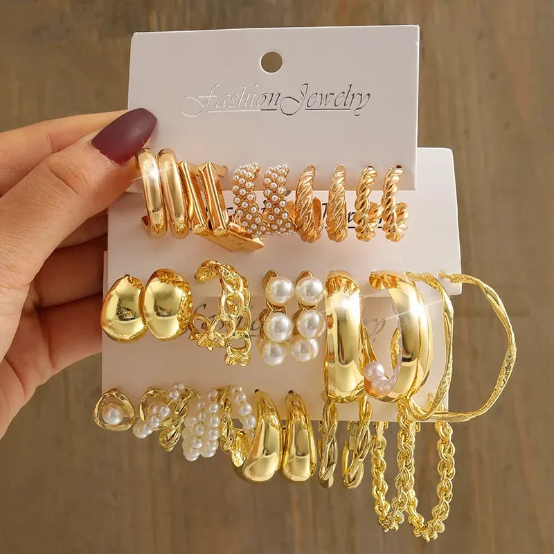 New Gold Color Vintage Geometry Pearl Earrings Set Metal Twine Square Dangle Earring Round For Women'S Trendy Jewelry