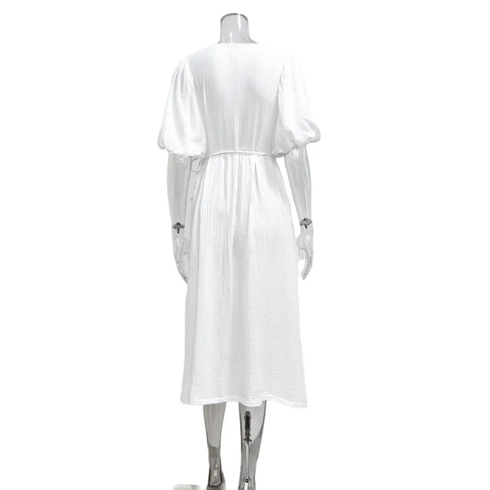 Long Dress Women Dresses Vestidos Lace Up V Neck Puff Sleeve Solid High Waist Female A Line Office Lady Summer 2025 Maxi Gown