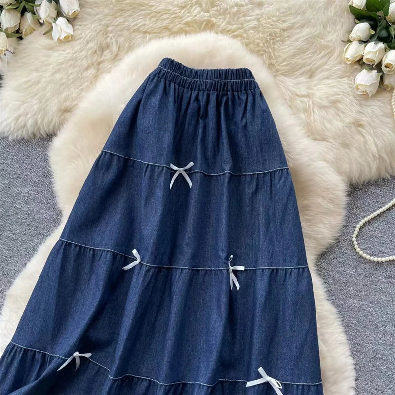 Karofi Vintage Cotton Layered Denim Skirt Women Elastic High Waist Bow Detail Flowy Long Casual A Line Long Midi Skirt