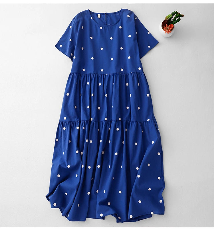 High-End Blue Pure Cotton Floral Print Dress Women's Summer 2025 round Neck Long Dress Polka Dot Skirt Comfortable A-Line