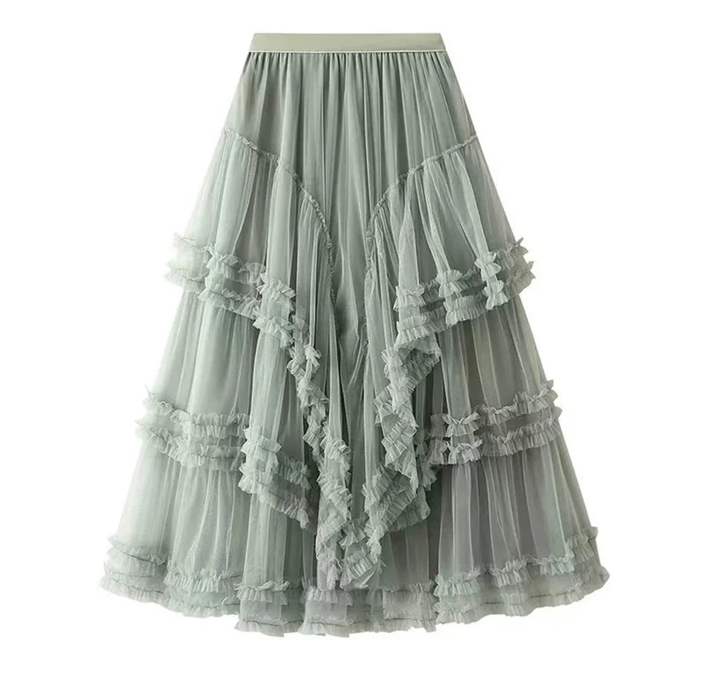 2026 Fashion Women High Waisted Floral Lace Tulle Puff Cake Skirt Vintage Ladies Loose Asymmetrical Long Skirts Women Clothes