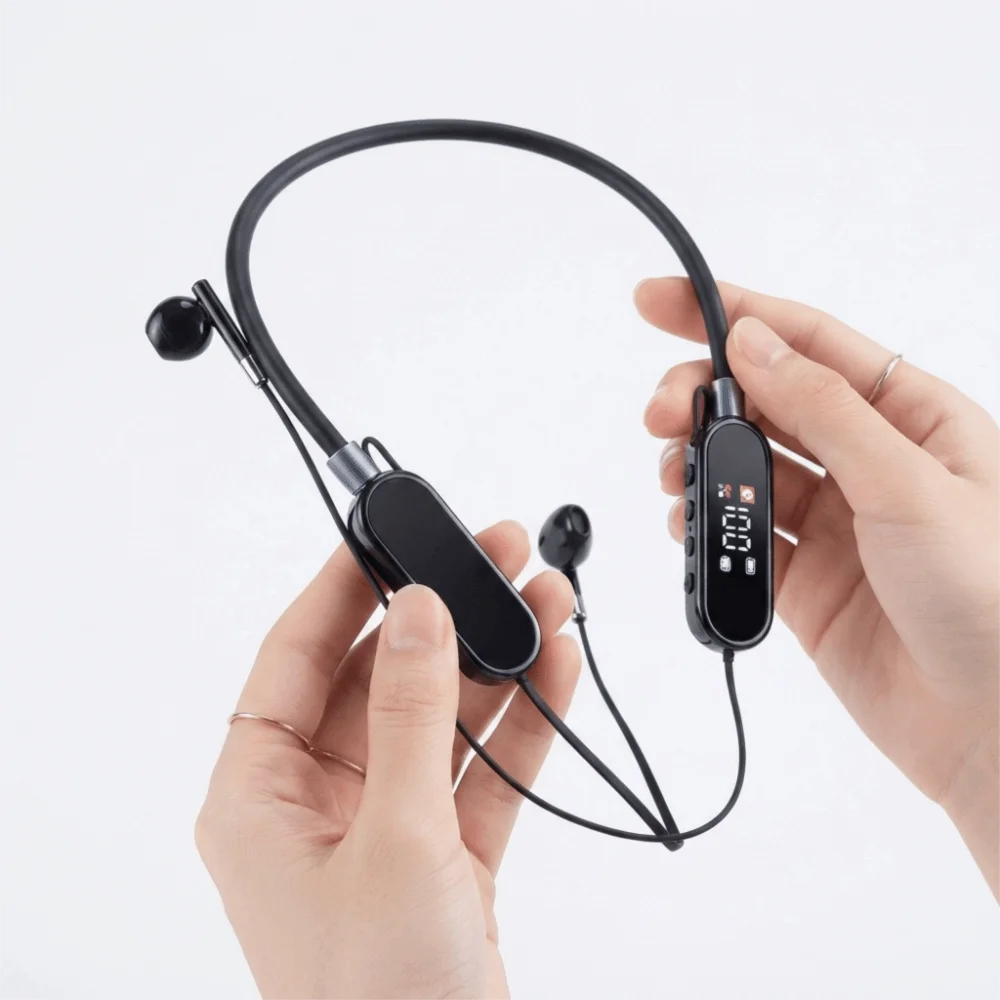 Wireless Wireless Earphones Long Battery Life HiFi Stereo Neckband Headphones HD Mic LED Display Screen Sports Headset