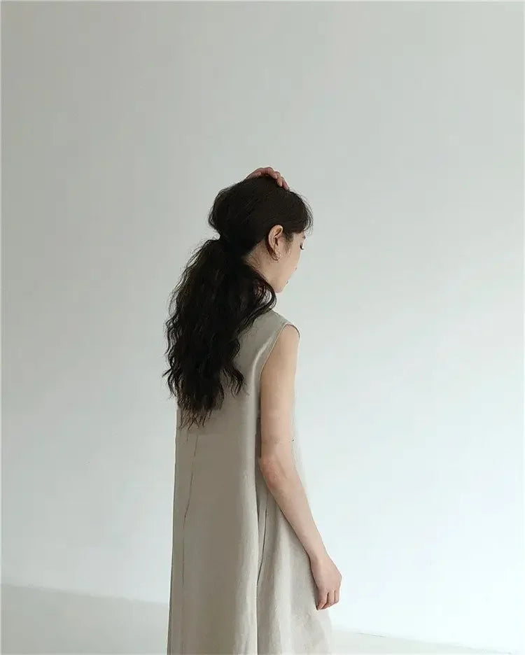 Korean Fashion Women Dress Casual Round Neck Loose Solid Color Casual Big Swing Sleeveless Long Linen Lazy Style Vestidos