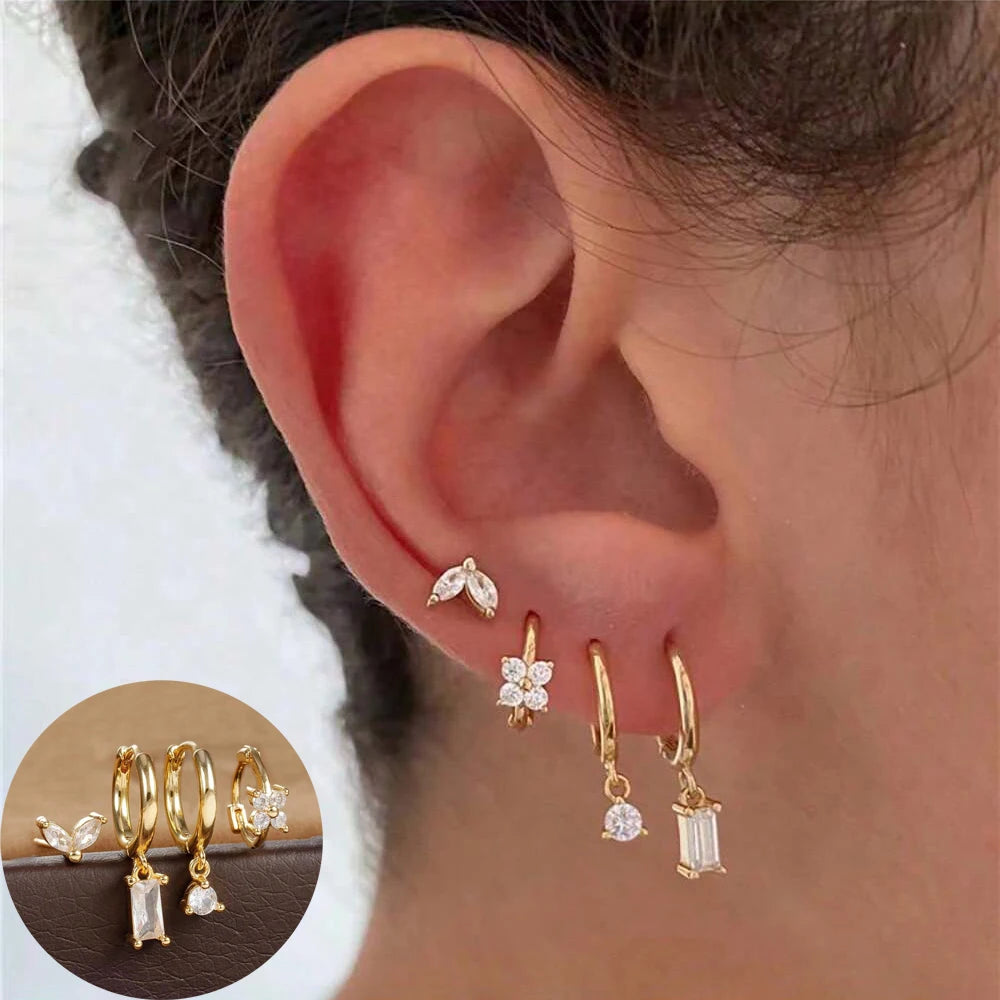 Cubic Zirconia Flower Hoop Earrings 4 Piece Set 18K Gold Plated Stainless Steel For Women