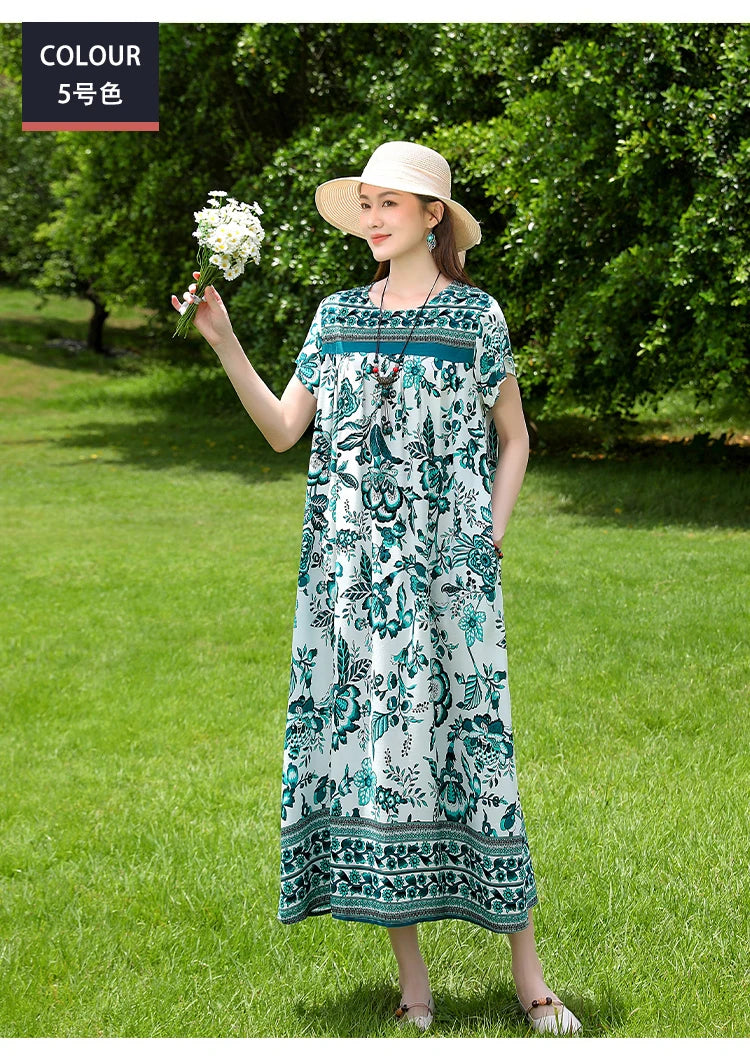 New Fashion Casual 2025 Summer Elegant Dresses For Women O-Neck Print Vintage Short Sleeve Dress Loose Women Clothing