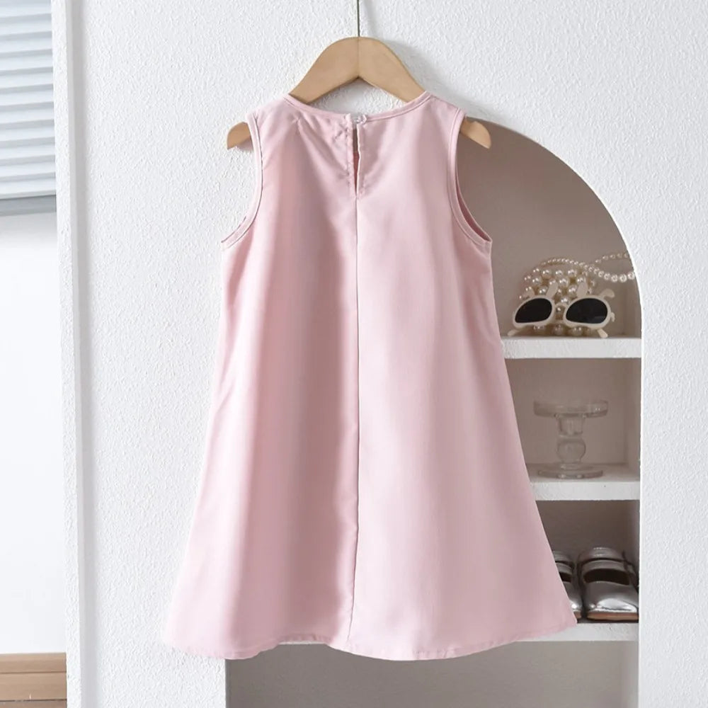 Bear Leader Pink Sweet Cute Princess Girl Dresses 3D Flower Decoration Sleeveless Birthday Party Dress Solid Color Kids Clothes