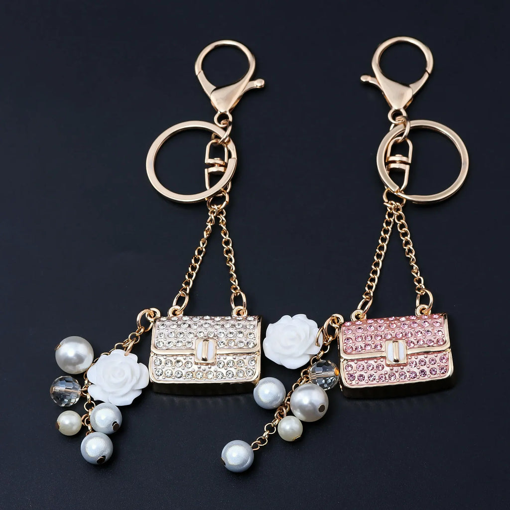 Fashion Crystal bag Shape Flower Rhinestone Keychain for Women's bags Pendants Decoration Accessories Car keyrings Jewelry