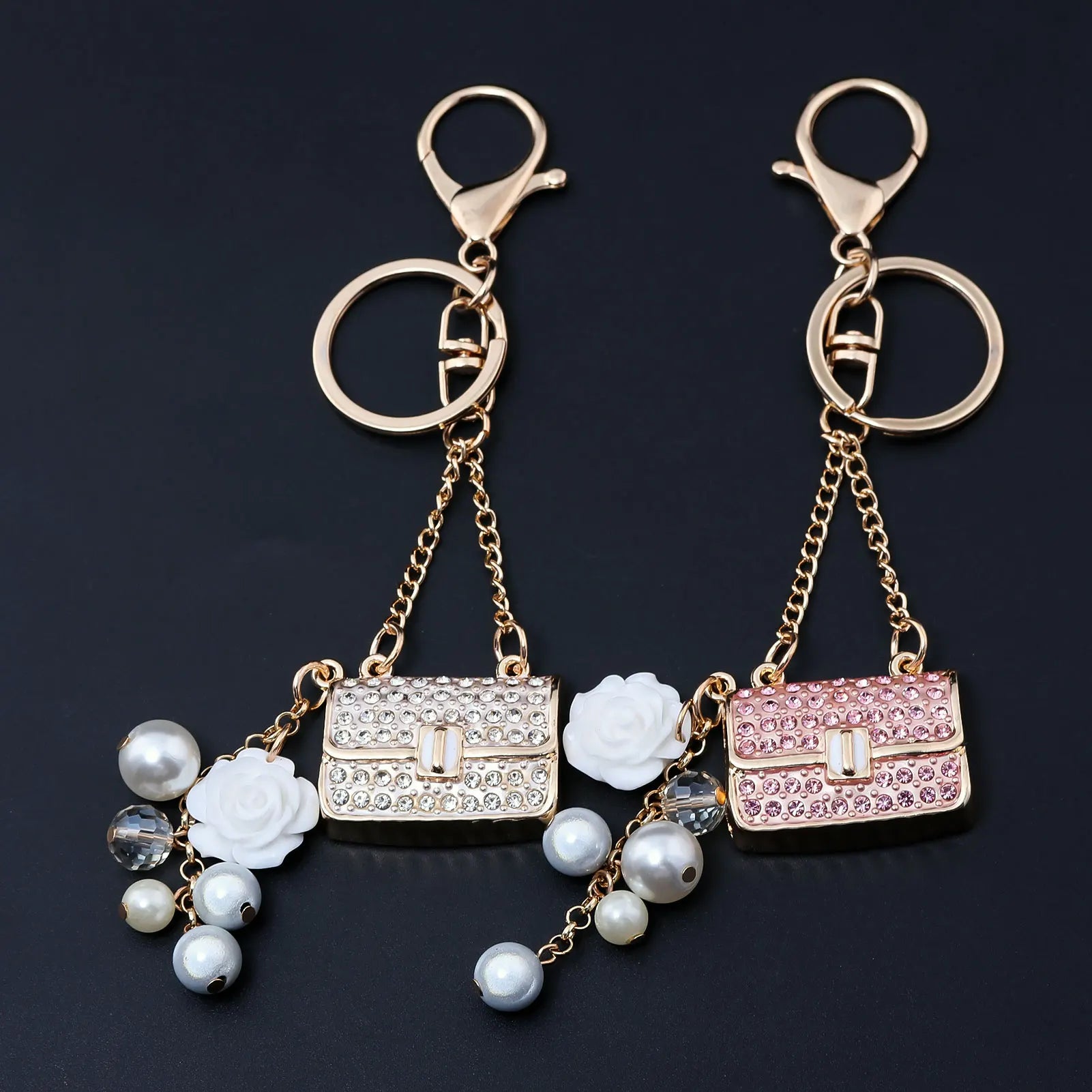 Fashion Crystal bag Shape Flower Rhinestone Keychain for Women's bags Pendants Decoration Accessories Car keyrings Jewelry