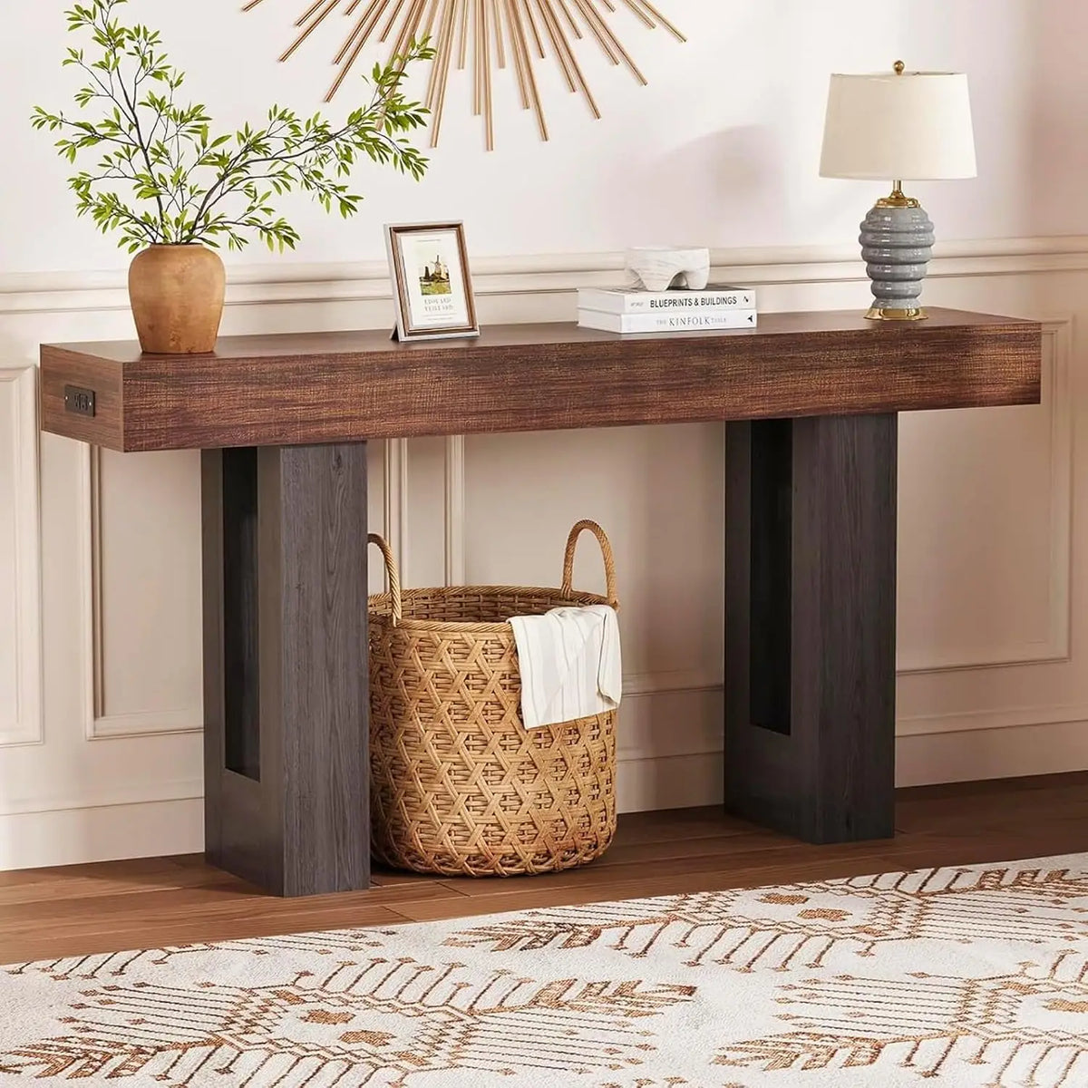 63" Console Table with Power Outlet, Rustic Brown Wooden Sofa Table
