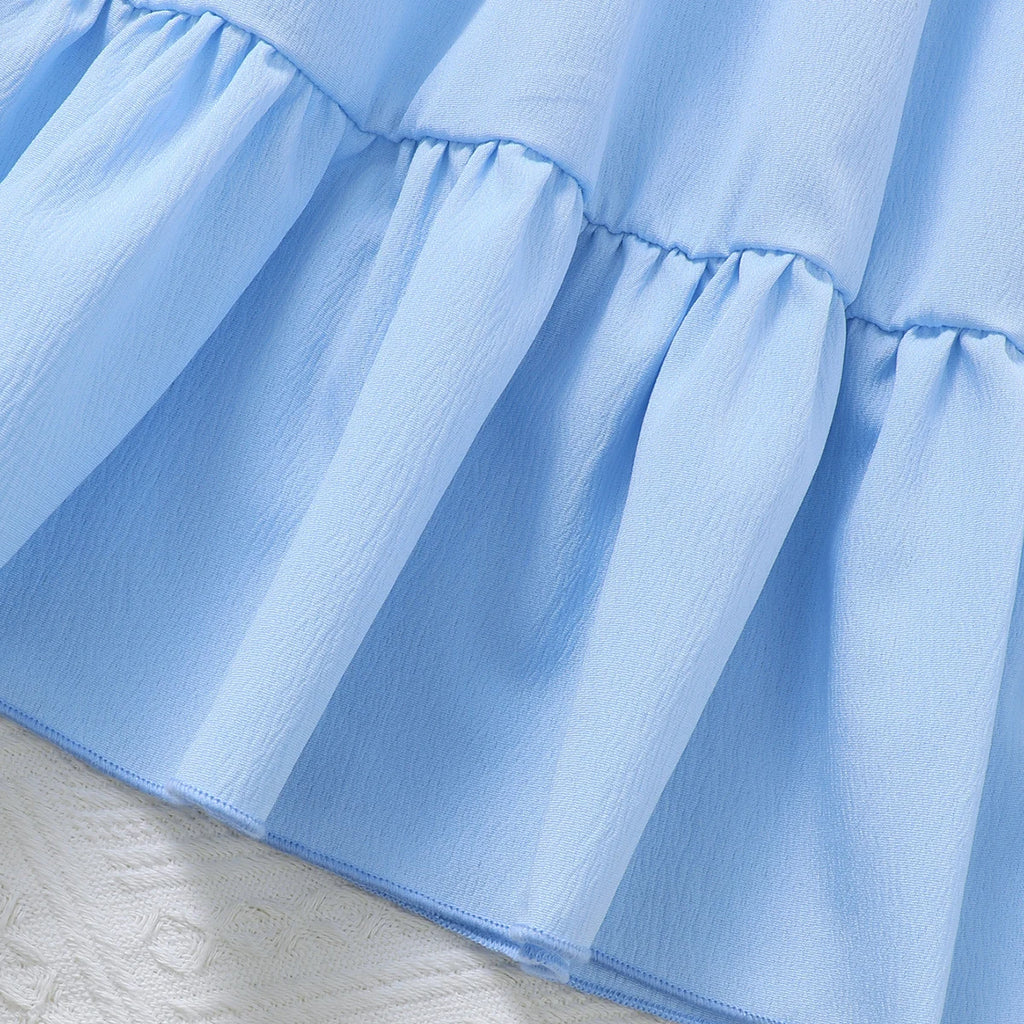 3PCS Fashion Girls 1-6 Years Old Summer Blue Sweet Sleeveless A-line Children's Dress 3D Wool Flower+Small Pocket Casual Dress