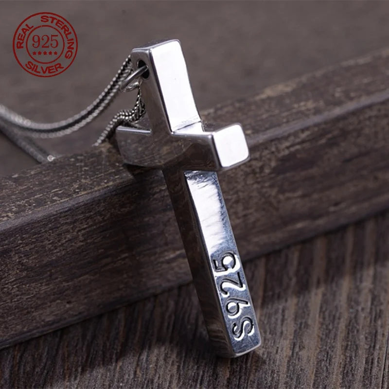 Real Solid 925 Silver Cross Pendant For Men Women'S Minimalist High Polished Fashion Classic Jesus Christian Prayer Jewelry