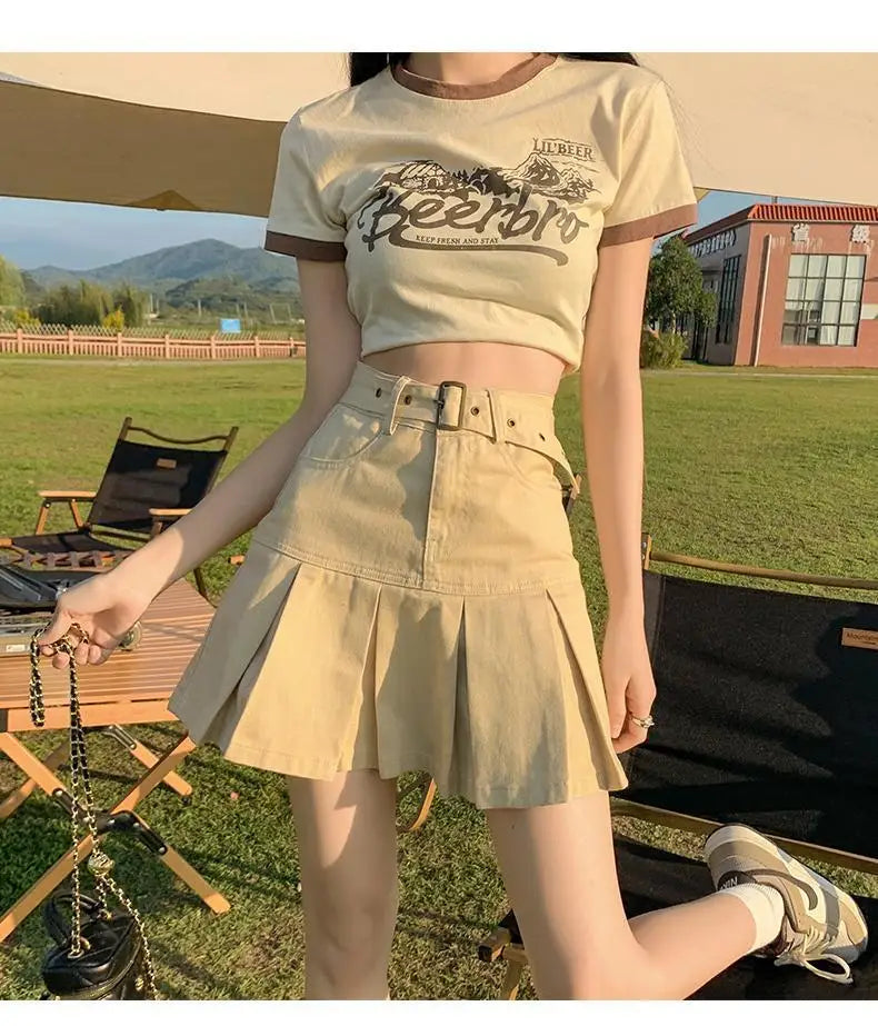 Retro American Blue Hot Girl Pleated Denim  Skirt Women's Summer New Pure Desire A-Line High Waist Short Skirt