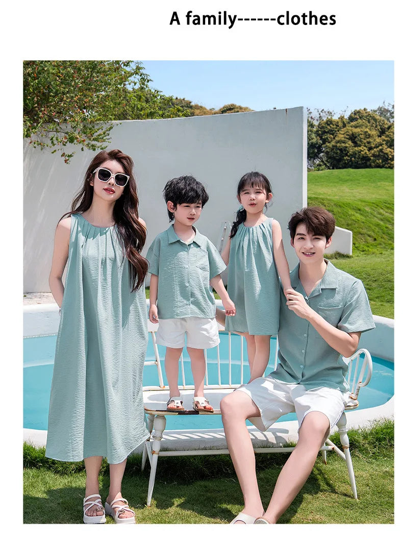 Vacation Family Matching Couple Outfit Dad Son Beach Shirts Mom Daughter Loose Dress Korean Parent-child Sister Brother Clothes