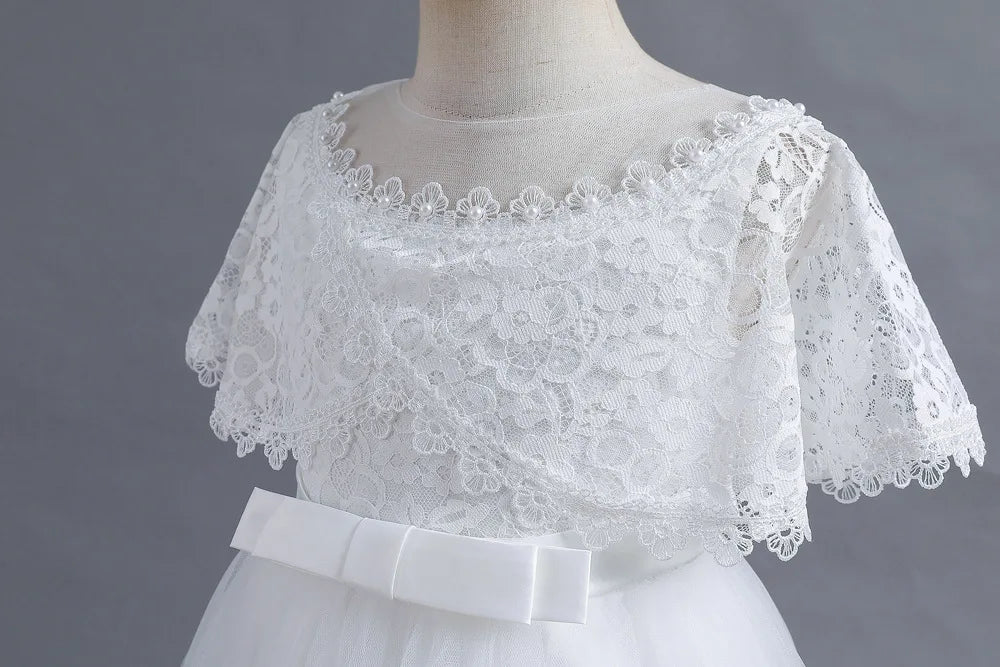 Criss-Cross Lace Girl Bridesmaid Dresses For Christmas White Kid's Party Dress Beading Tulle Children's Ceremony Evening Frocks