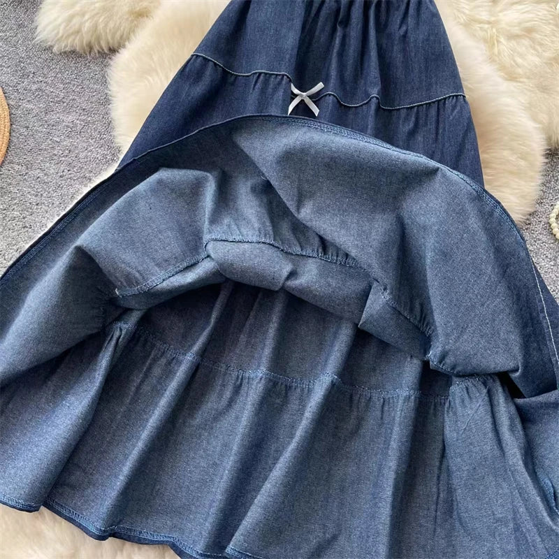 Karofi Vintage Cotton Layered Denim Skirt Women Elastic High Waist Bow Detail Flowy Long Casual A Line Long Midi Skirt