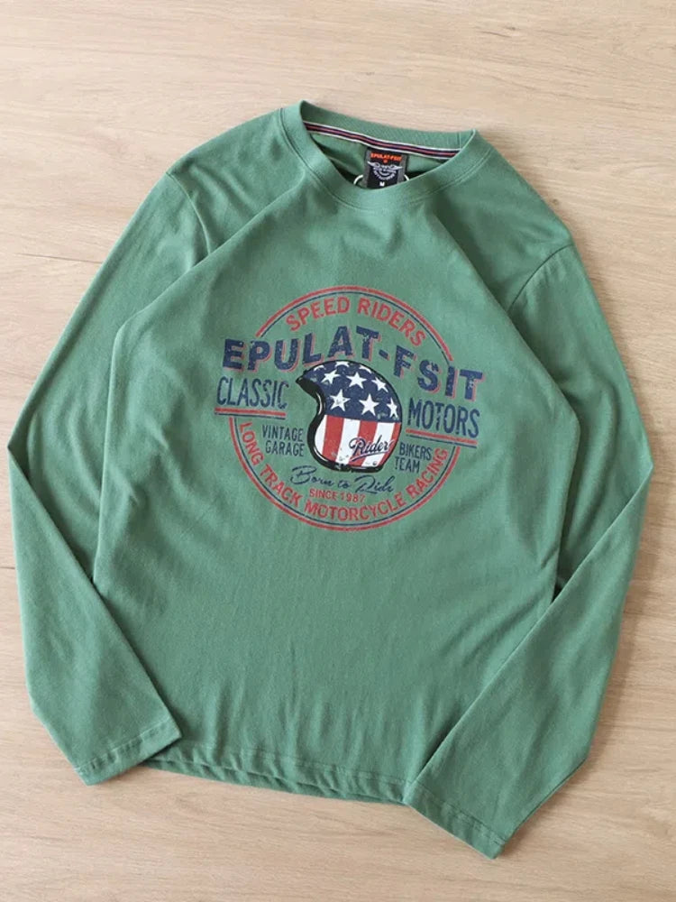 2025 Autumn New American Retro Long Sleeve O-Neck Letter Printed T-Shirt Men'S Fashion 100% Cotton Washed Casual Youth Tops